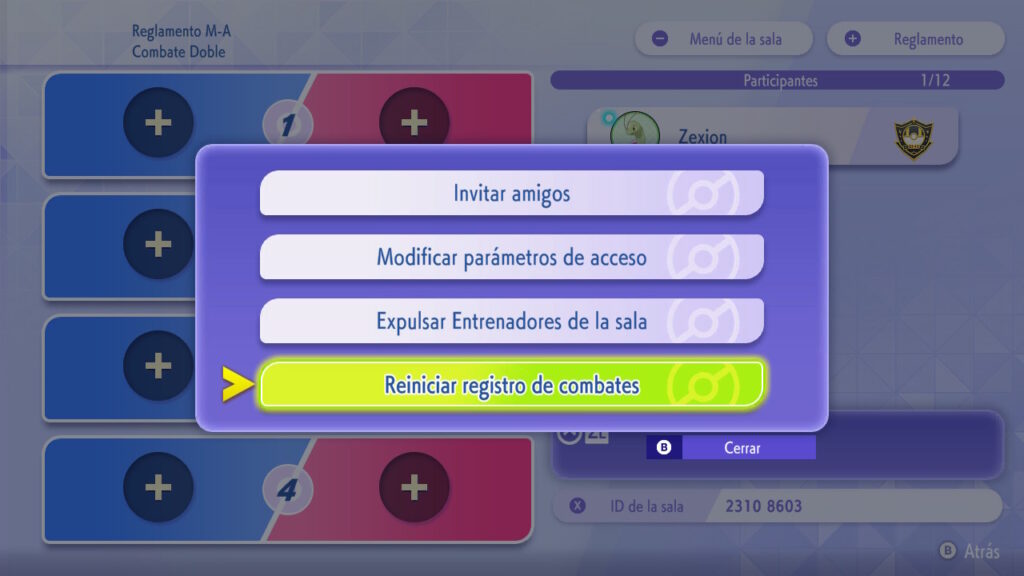 Manú de la sala privada Pokémon Champions